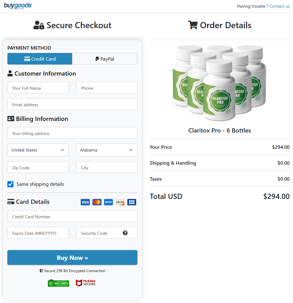 Claritox pro checkout page